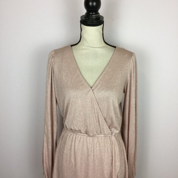 New! LC Lauren Conrad Wrap Dress S Woman Pink Metallic Knit Long Sleeve Ruffle - Picture 12 of 15